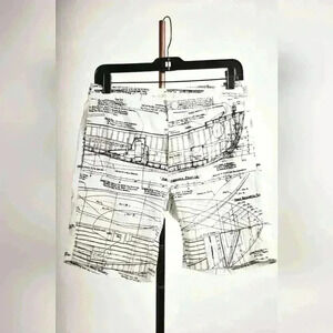 ONIA White Black  Blueprint Architect Drawing Swim Trunk Shorts 29W